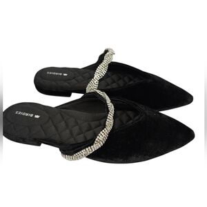 Birdies Black Velvet Pointed Toe Flats with Crystal Strap